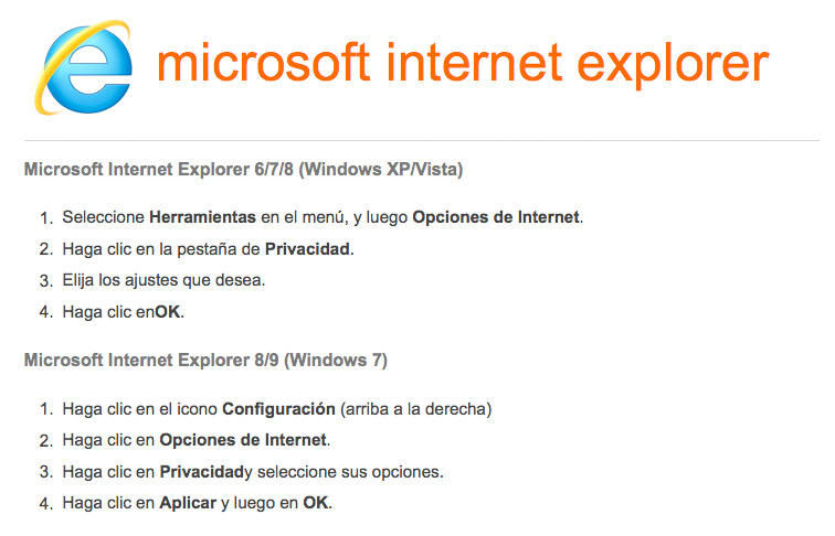 Activar-desactivar cookies en navegador Internet Explorer