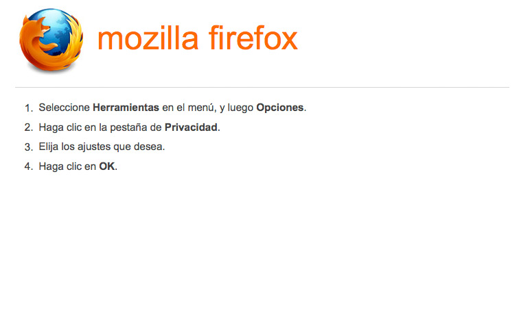Activar-desactivar cookies en navegador Mozilla/Firefox